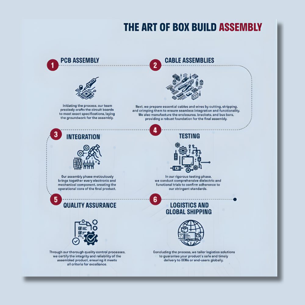 Box build assembly services process including PCB assembly, cable integration, testing, quality assurance, and logistics