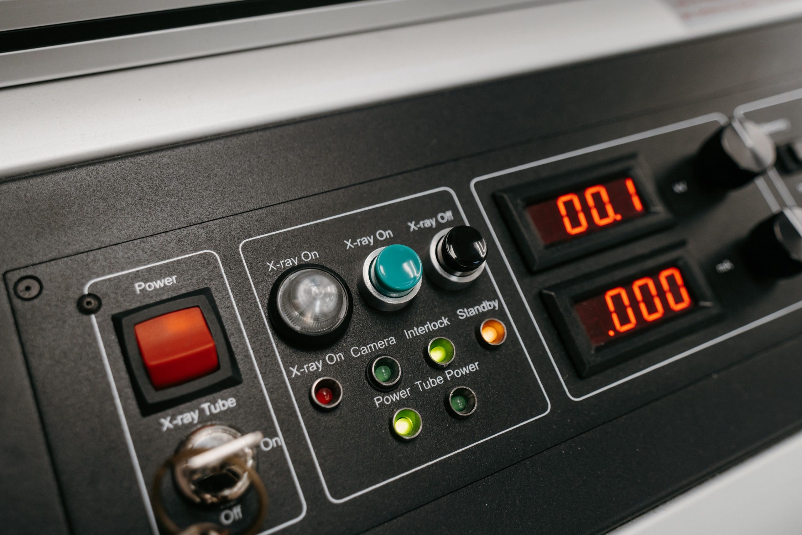 Control panel of X-ray inspection equipment at IMS Electronics in Calgary, used to verify solder joint integrity on complex PCB assemblies.