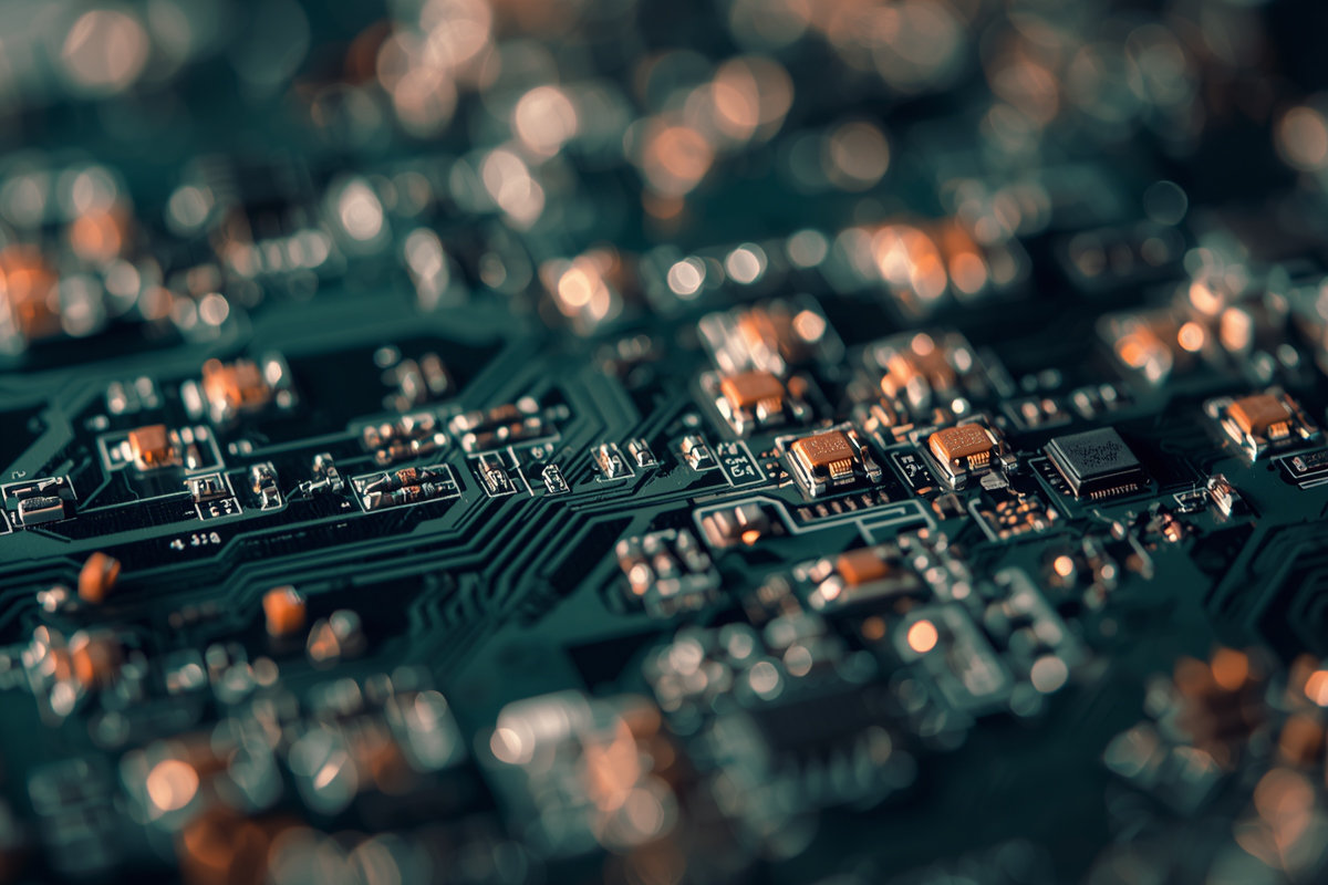 Close-up of a populated printed circuit board showing SMT components and copper traces, representing PCB assembly services at IMS Electronics in Calgary