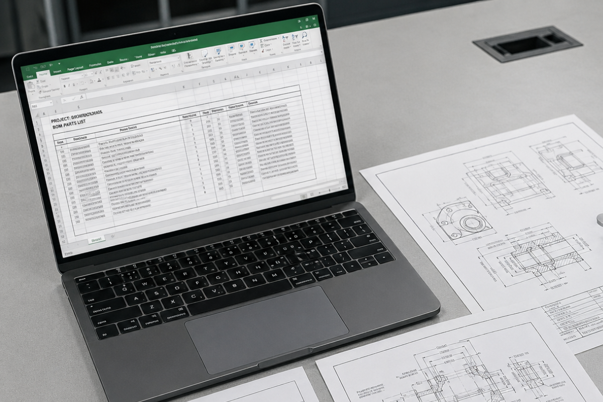 Electronics manufacturing quote request showing a BOM spreadsheet, engineering drawings, and an ECO document on an industrial work surface