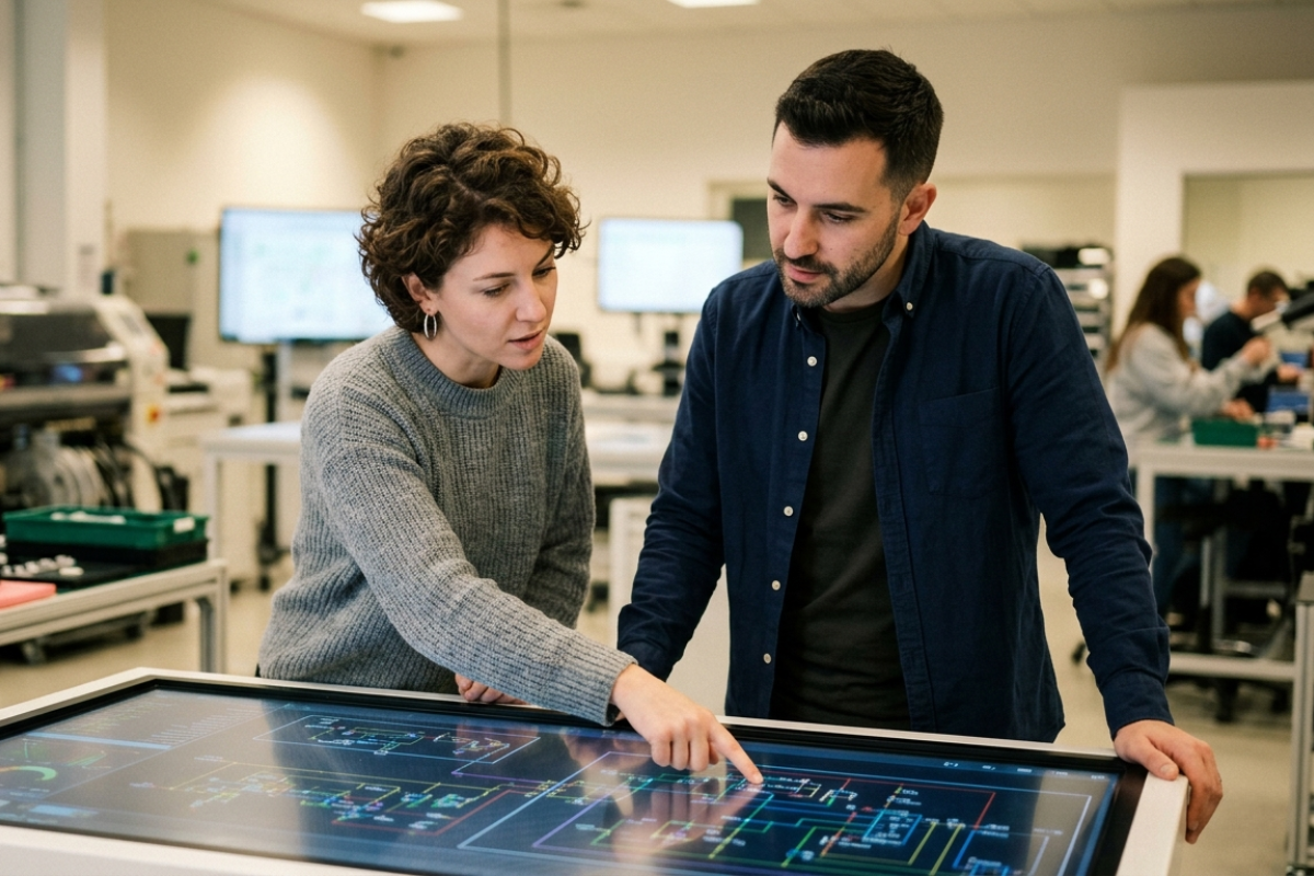 Electronics manufacturing engineers reviewing production plans during an electronic parts shortage