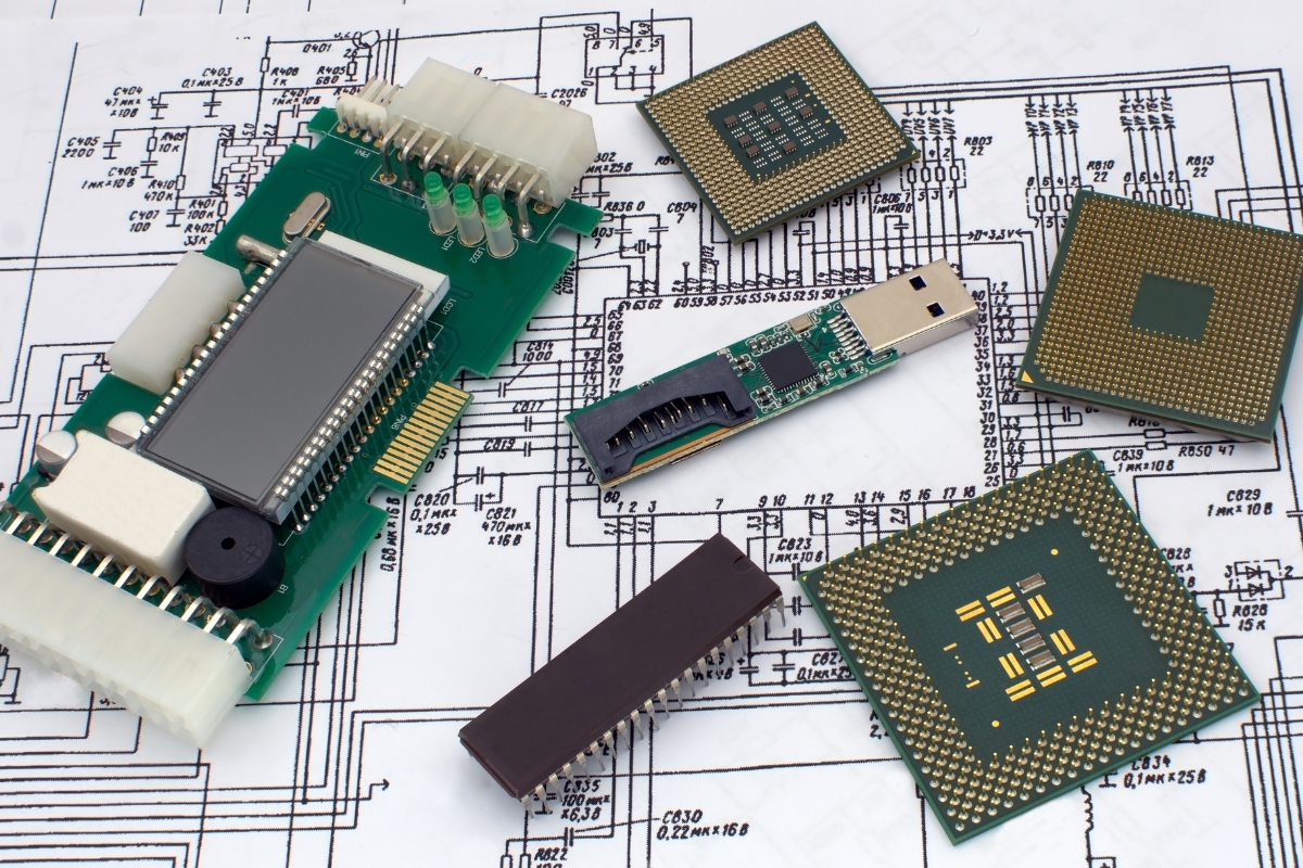 Electronic components including processors and circuit boards laid over engineering schematics