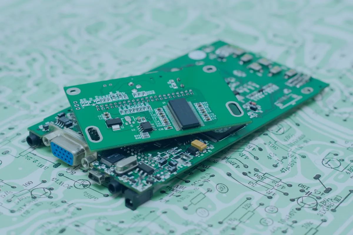 Assembled circuit boards layered over the printed schematic diagram they were built from, illustrating how PCB designs translate into manufactured products.