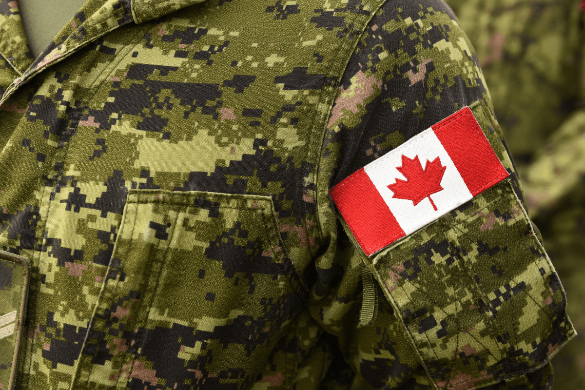 Close up of Canadian military uniform with Canadian flag patch