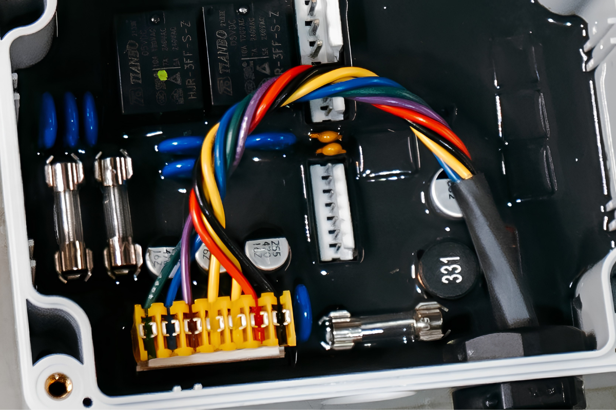 Color-coded cable assembly wiring connected to terminal blocks and connectors inside an electronics enclosure at IMS Electronics
