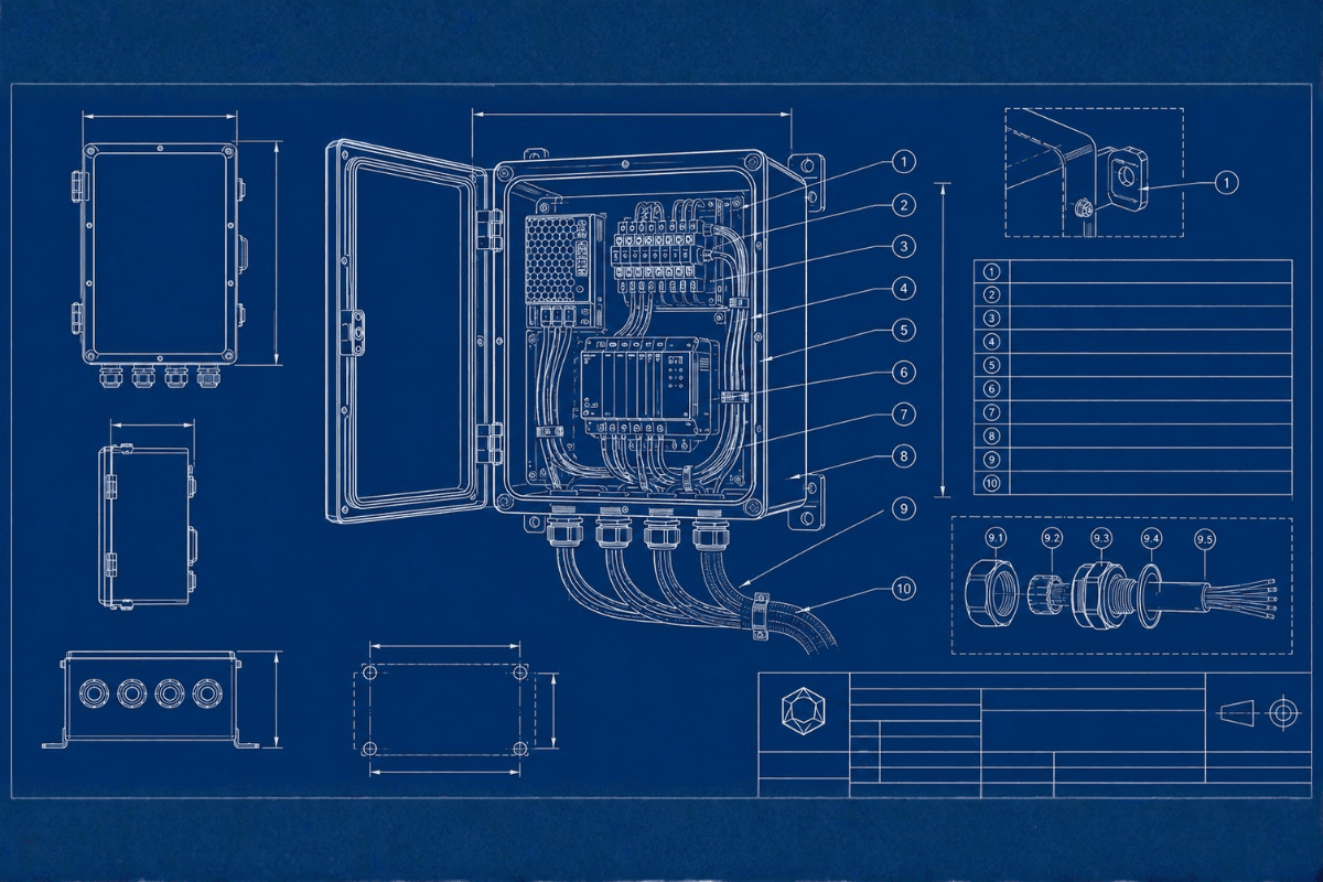 Blueprint-style technical diagram of a custom enclosure design showing an open access panel, fasteners, and cable routing