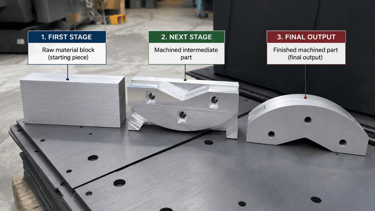 Illustration showing raw aluminum stock, a machined intermediate component, and a finished CNC-machined part at IMS Electronics Manufacturing in Calgary.