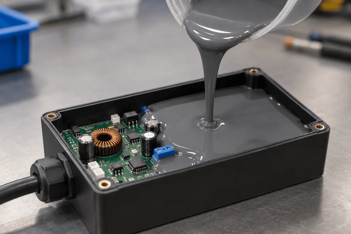Grey potting compound being poured over a PCB inside an enclosure, demonstrating electronics potting for production.