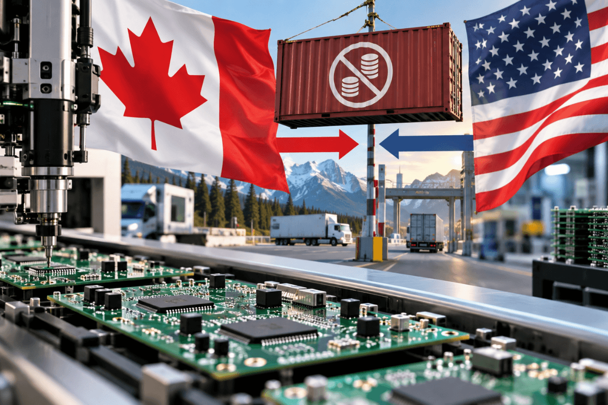 Canadian and U.S. flags at a border crossing with a tariff-marked shipping container and PCB assembly, illustrating the impact of tariffs on Canadian manufacturing